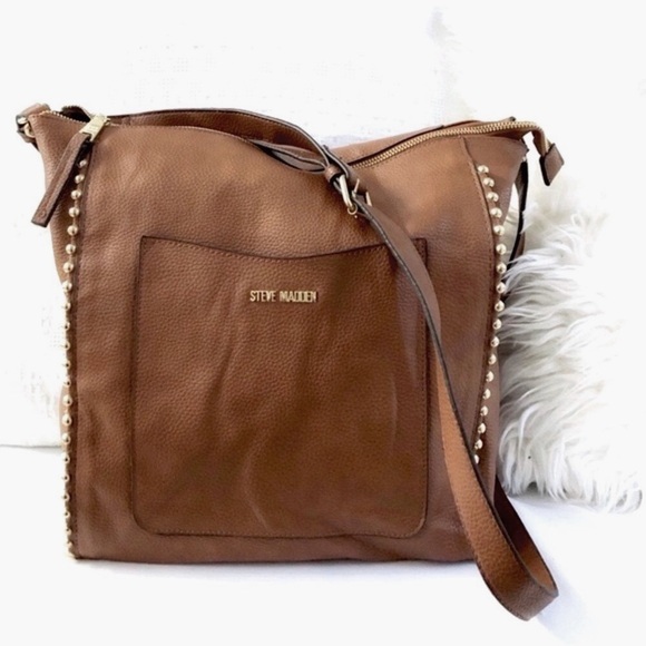 NWOT Steve Madden Large Gold Tone Studded Brown Bag - Picture 4 of 10